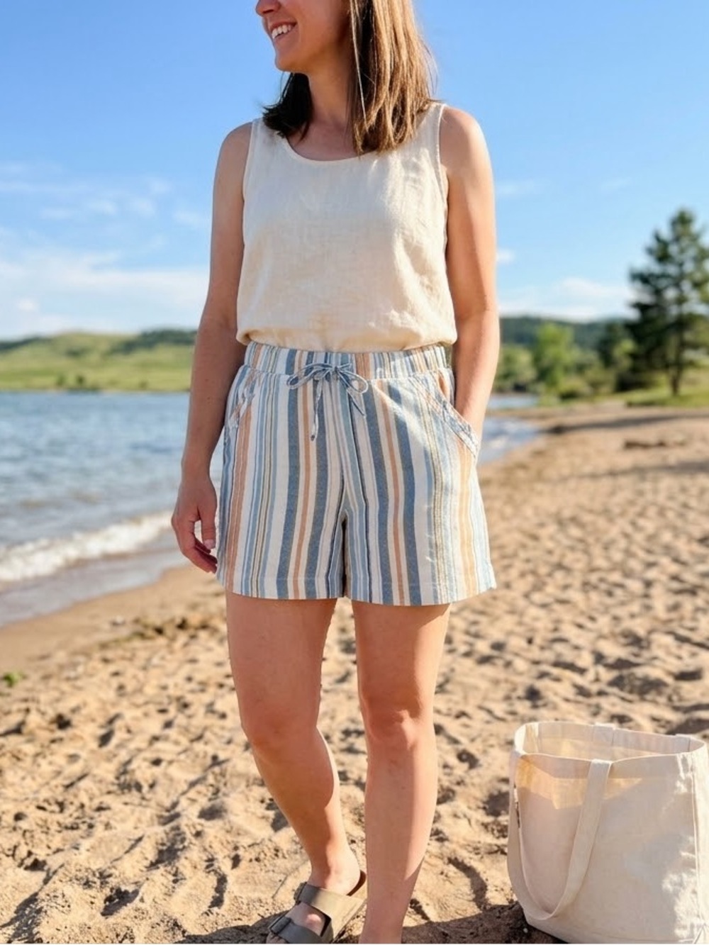 Briggs Striped Linen Blend Shorts Drawstring Elastic Waist Casual Sz Medium New
